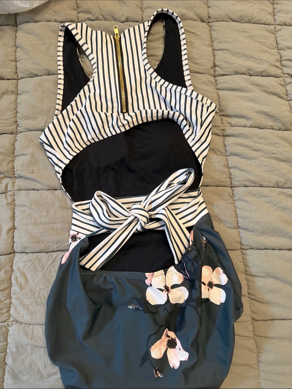 Albion Black & White Striped One-Piece Swimsuit with Pink Floral Detail - Picture 3 of 6